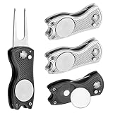 PATIKIL Golf Divot Repair Tool, 4er Pack Faltbares Metall Golf Green Divot Tool mit Magnetischem Ballmarker & Edelstahl-Gabel für Golfer, Schwarz/Silber