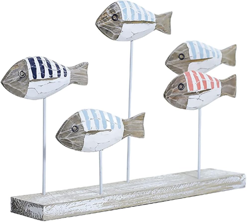 House Decor Nautical Theme Hand Carved Mediterranean Wooden Fish Decoration Wood Fish Home Decor Table Centerpiece Wooden Statue Nautical Table Sculpture Beach Decor