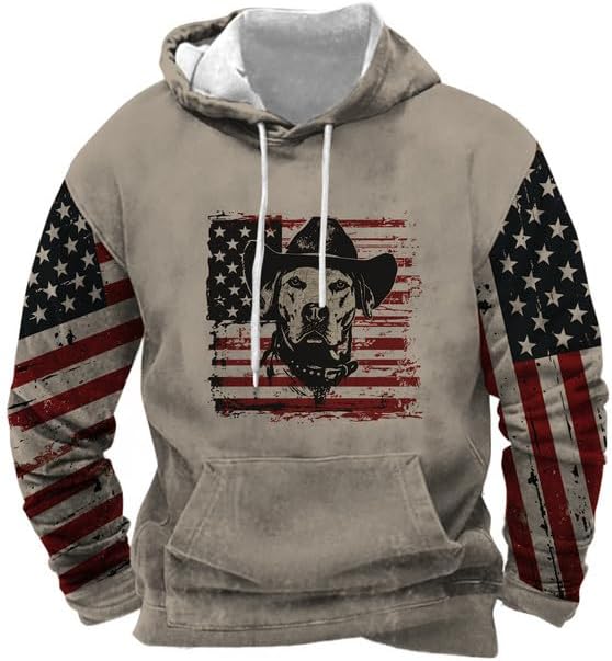 ZOCAVIA American Flag Hooded Sweatshirts for Men USA Flag Graphic Hoodies Drawstring Western Pullover Shirts Tops With Pocket