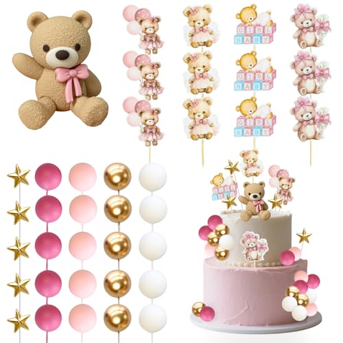 Decoration Gateau Anniversaire Ours, Boule Decoration Gateau Rose, 38 Pcs Décorations Cupcake Ours, Cake Topper Boule Or et Blanc, Cupcake Topper pour Garçon et Fille Fête Anniversaire