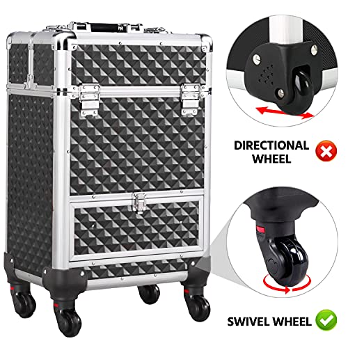 Yaheetech Rolling Makeup Train Case Aluminum Cosmetic Case With Wheels Barber Case Salon Lockable Travel Trolley With Sliding Drawers Removable Divider, Black #TOP3