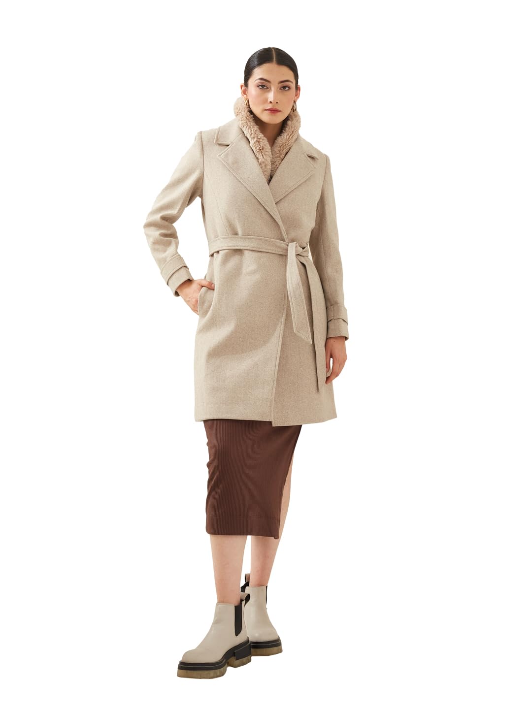 latin quarters Women Beige Collared Long Sleeve Solid Casual Coat-picture-23