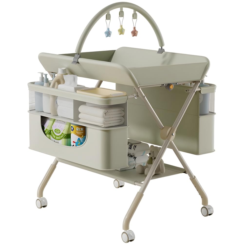 Fasciatoio Portatile Neonato,Fasciatoio Pieghevole con Ruote e Cestino Portaoggetti,Tavolo Cambio Pannolini Multifunzionale,Altezza Regolabile,Verde