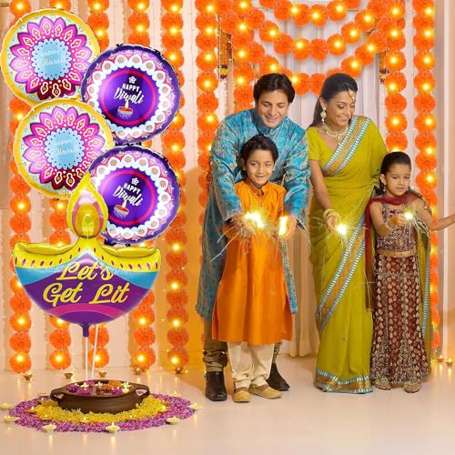 Image of Rozi Decoration Happy Diwali Lets Get Lit Diya Foil Balloons for Deepawali Festival Decor Set of 5 Pcs Happy Diwali Decoration Items, Happy Diwali Decoration Foil Balloon