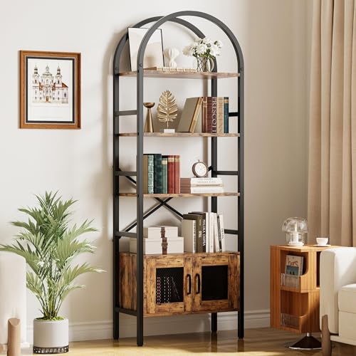 IRONCK Bookshelf and Bookcase with Door Cabinet, Arched 70.3' H 4 Tier Open Shelf for CDs Books, Modern Display Storage Rack for Home Office, Vintage Brown