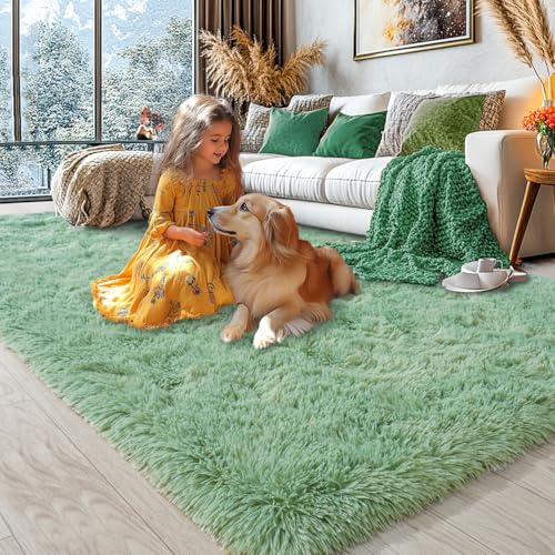 KING DARE 8x10 Area Rugs for Living Room, Soft Plush Fluffy Shaggy Fuzzy Furry Large Green Rug, Anti-Slip Washable Modern Big Floor Carpet for Bedroom Aesthetic Home Decor
