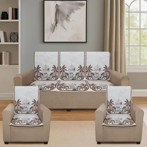 Image of Velvet Single Seater Sofa Cover with 2 Seat and Back Covers - Elephant Dome Design - Washable Fabric - Stylish Sofa Cover for Modern Living Room (Beige, 1 Seater Without Arm Covers)