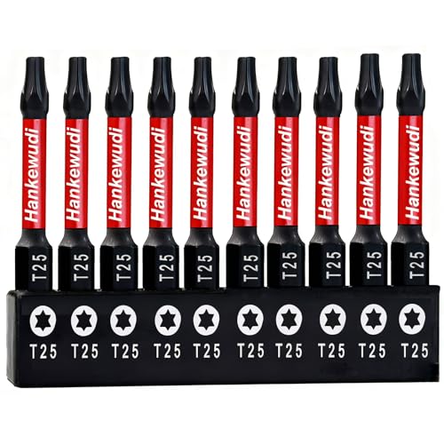 Hankewudi 10 Piece T25 Torx Bit Set For Impact Driver,2 Inch #25 Torque Star Screwdriver Bit Set, CNC Machining S2 Steel Torx Head Power Bits,With Rugged Storage Box
