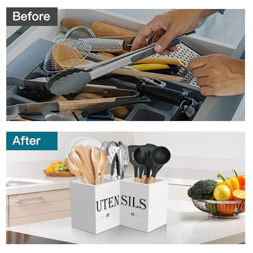 Image of Suli Extra Large Kitchen Utensils Holder with 3 Compartments,Corner Utensil Caddy for countertop,Wooden Utensil Organizer for Kitchen Countertop, Farmhouse Decor- White
