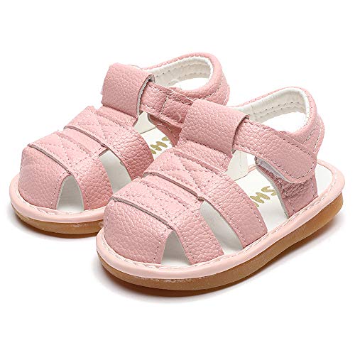 LAFEGEN Baby Boy Girl Squeaky Summer Sandals Non Slip Soft Sole Closed Toe Infant Toddler First Walker Crib Shoes, 3.5 Toddler, 01 Pink