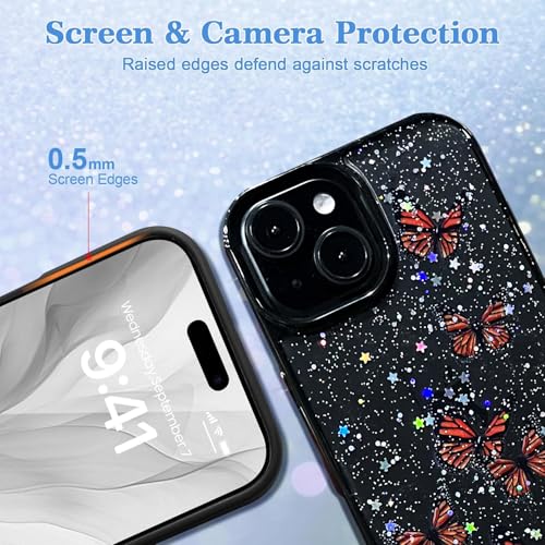 Image of VONZEE for iPhone 15 Clear Glitter Butterfly Case, Cute Bling Sparkle Shiny Soft TPU Bumper Shockproof Women Girls Slim Protective Phone Cover for iPhone 15 6.1 inch,Black