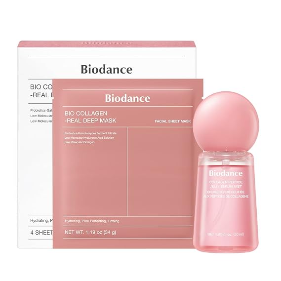 Biodance 24/7 Collagen Glow Set: Collagen Peptide Jelly Serum Mist (1.69 fl.oz) & Bio-Collagen Real Deep Mask (4 Sheets), Sprayable Hydrogel & Overnight Hydrating Face Mask for Firming & Plumping
