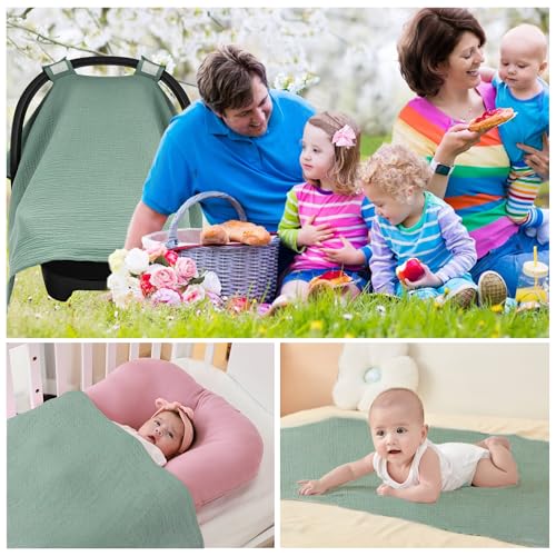 Image of SERAPHY 100% Muslin Cotton Car Seat Cover Baby, Universal Carseat Covers, Breathable Baby Car Seat Canopy for Boys Girls, Soft Infant Car Seat Cover for Summer -Green