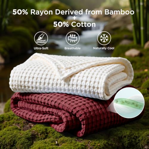 Image of Bedsure Cooling Cotton Waffle Twin XL Blanket - Lightweight Breathable Blanket of Rayon Derived from Bamboo for Hot Sleepers, Luxury Throws for Bed, Couch and Sofa, Dark Red, 66x90 Inches