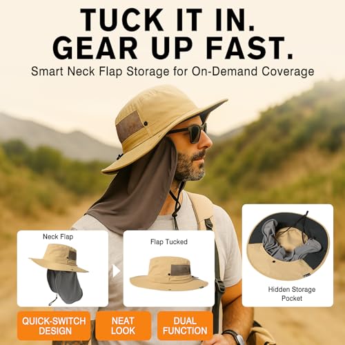 Image of TOP-EX UVCoolix Men's Wide Brim Sun Hat with Cooling Neck Flap | UPF 50+ UV protection sunglass lock waterproof packable windproof for fishing hiking safari