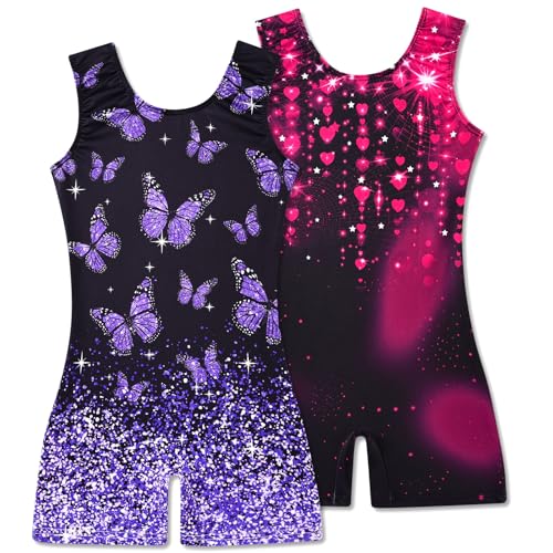 Taubow 2 Packs Gymnastics Leotards for Girls Size 6-7 6x Gradient Butterfly Dance Leotard Tumbling Outfit Kids Biketard with Shorts
