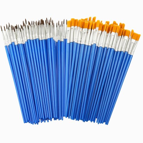 Set di 100 pennelli, 50 pennelli rotondi e 50 pennelli piatti piatti piccoli in nylon acrilico pennelli per artisti, pennelli per bambini e adulti, per disegnare, fai da te