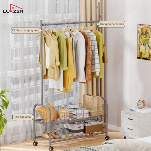 Image of Lukzer | MGR-002 | Grey | Metal Cloth Stand & Garment Rack with Wheels, 2 Bottom Shelves & Single Rod - Space-Saving Clothes Organizer for Bedroom, Bathroom, Office & More | 173 x 90 x 34 cm