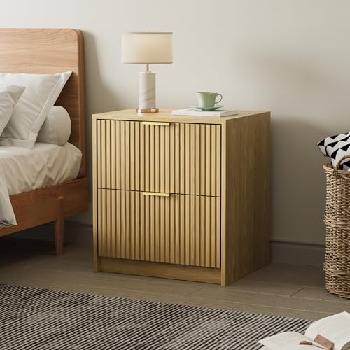 Image of Fluted Nightstands Set of 2 with 2 Drawers, 19.6 inch Modern Storage Bedside Table with Golden Metal Handles, Nature