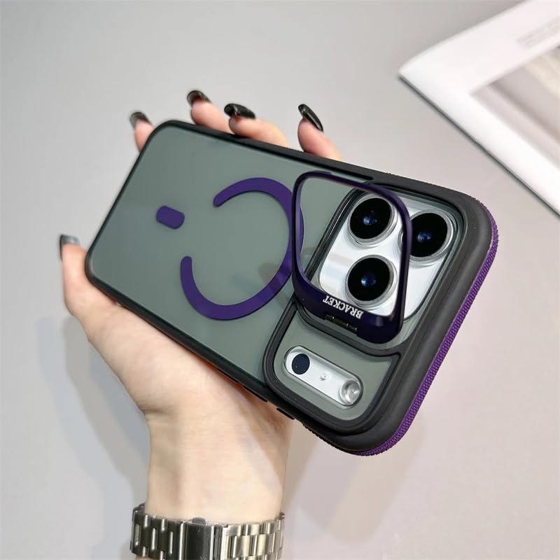 Image of LuxuryKase Smoked Clear MagSafe Case for iPhone 17 Pro Max | Metal Camera Guard Kickstand | Rugged Grip Edge | Hard PC Back + Soft TPU | Wireless Charging Support - Purple