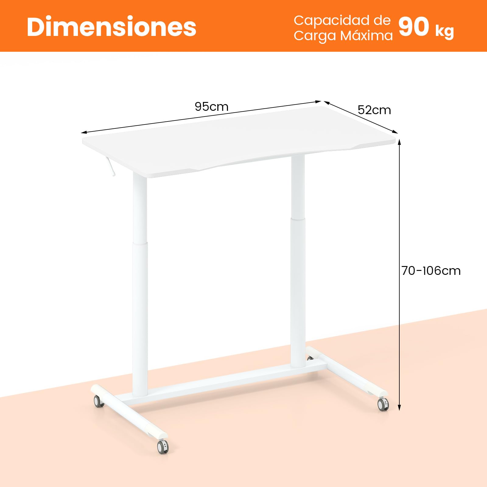 COSTWAY Escritorio Elevable 95 x 52cm, Altura Ajustable, Secretaria Elevatoria con Ruedas Bloqueables, Marco de Metal, para Espacios Pequeños, Mesa Escritorio Oficina Despacho (Blanco)