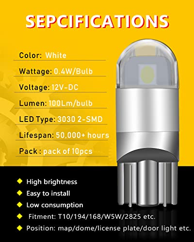 UNXMRFF 194 LED Bulbs White 6000k, T10 W5W 2825 168 LED Bulbs 3030 Chips 194 Bulbs Replacement for Car Dash License Plate Light, Dome Map Light, Side Marker Light, Courtesy Light Bulbs, Pack of 10