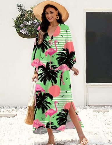 MAKABO Caftan Maxi Dress Hawaii Green Flamingo Cover Up V Neck Beachwear Luau Swimsuit Plus Size2