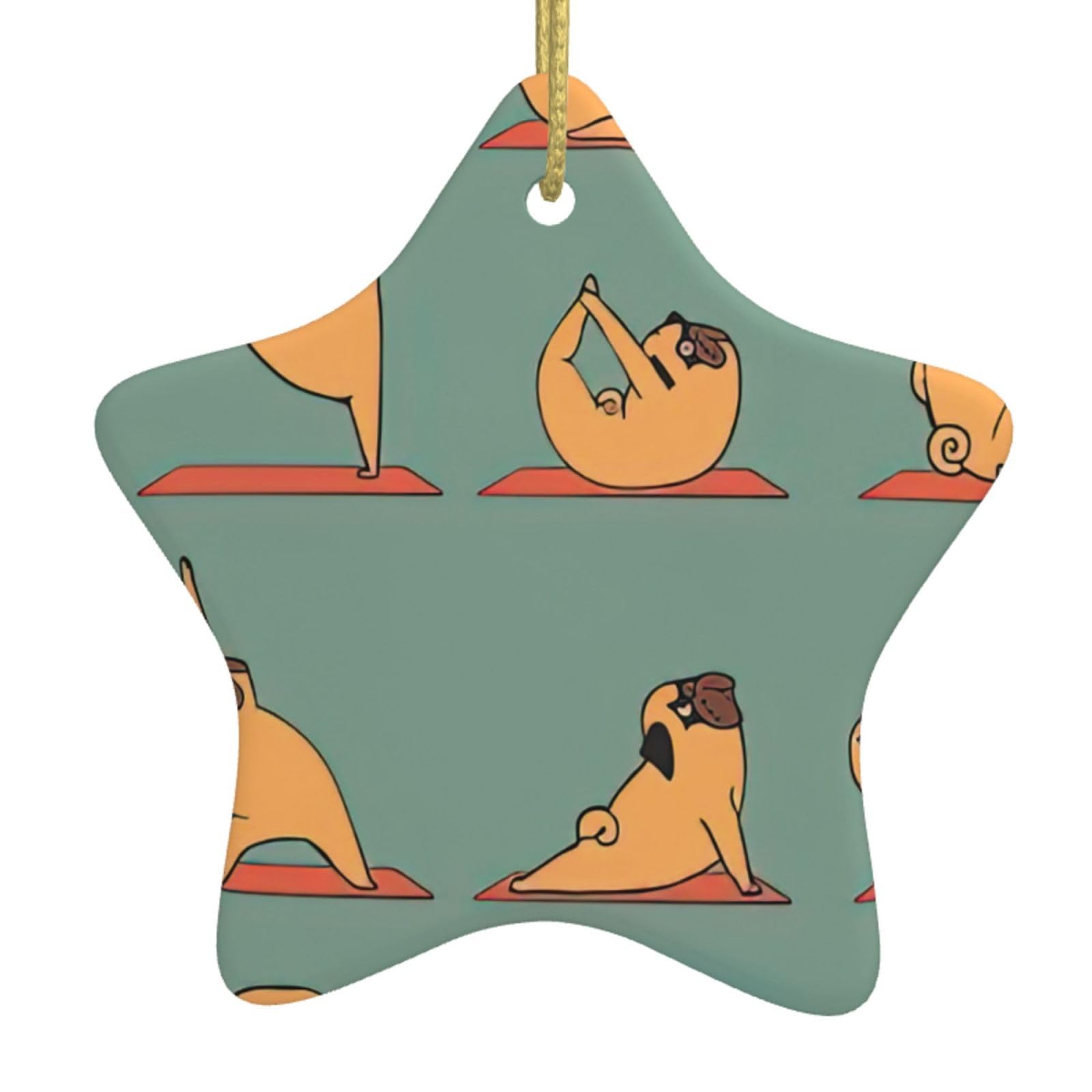 Nbtghga White Yoga Pug Print Christmas Ornaments, Ceramic Hanging Ornament, Round Shape Decorations