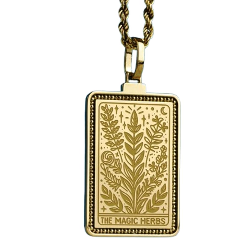Collier pendentif gravé Herbes Magiques argent 925 plaqué or chaîne maillons 45cm bijoux fait main mixte