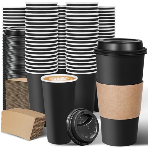Ginkgo 100 Pack 20 oz Disposable Coffee Cups with Lids and Sleeves Leak-Free Black Insulated Hot To Go Cups for Coffee Bars Restaurants Offices