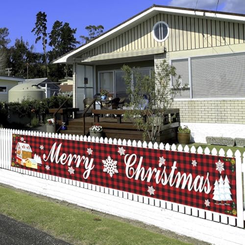 Christmas Banner Outdoor 117” x 19” Large Merry Christmas Banners Decorations for Garden Yard Fence Wall Red Plaid Fabric Xmas Banner Porch Sign with Santa Reindeer Festive Holiday Party Decor - Image 4