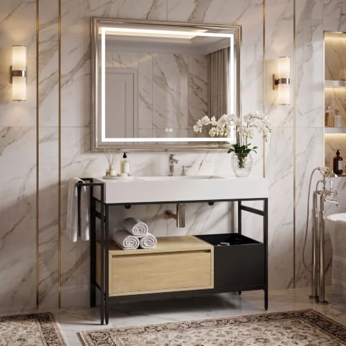 Little Tulip 36" Bathroom Console Sink with Metal Legs, Bathroom Vanity with White Sink, Storage Drawer and Metal Basket, Utility Sink for Hotel, Laundry Room, Garage, Basement
