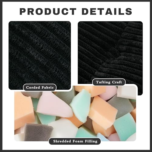 Image of Square Stuffed Pouf Ottoman, Corduroy Oversize Foot Rest,Black