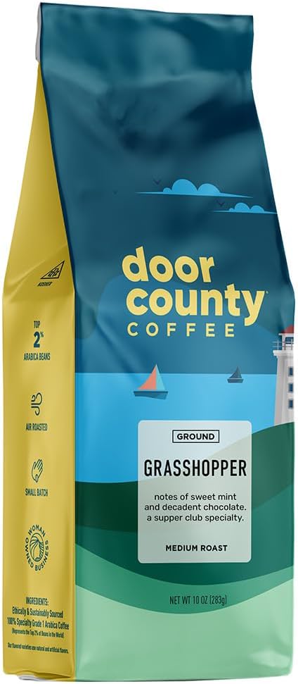 Door County Coffee Grasshopper Flavored Ground - Medium Roast - 10 oz Bag - 100% Specialty Grade 1 Arabica