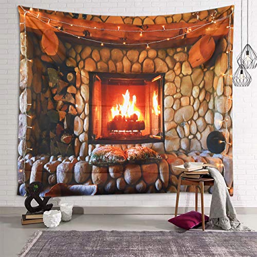 Sevendec Christmas Tapestry Wall Hanging Xmas Cobblestone Fireplace Wall Tapestry for Party Livingroom Bedroom Dorm Home Decor W90