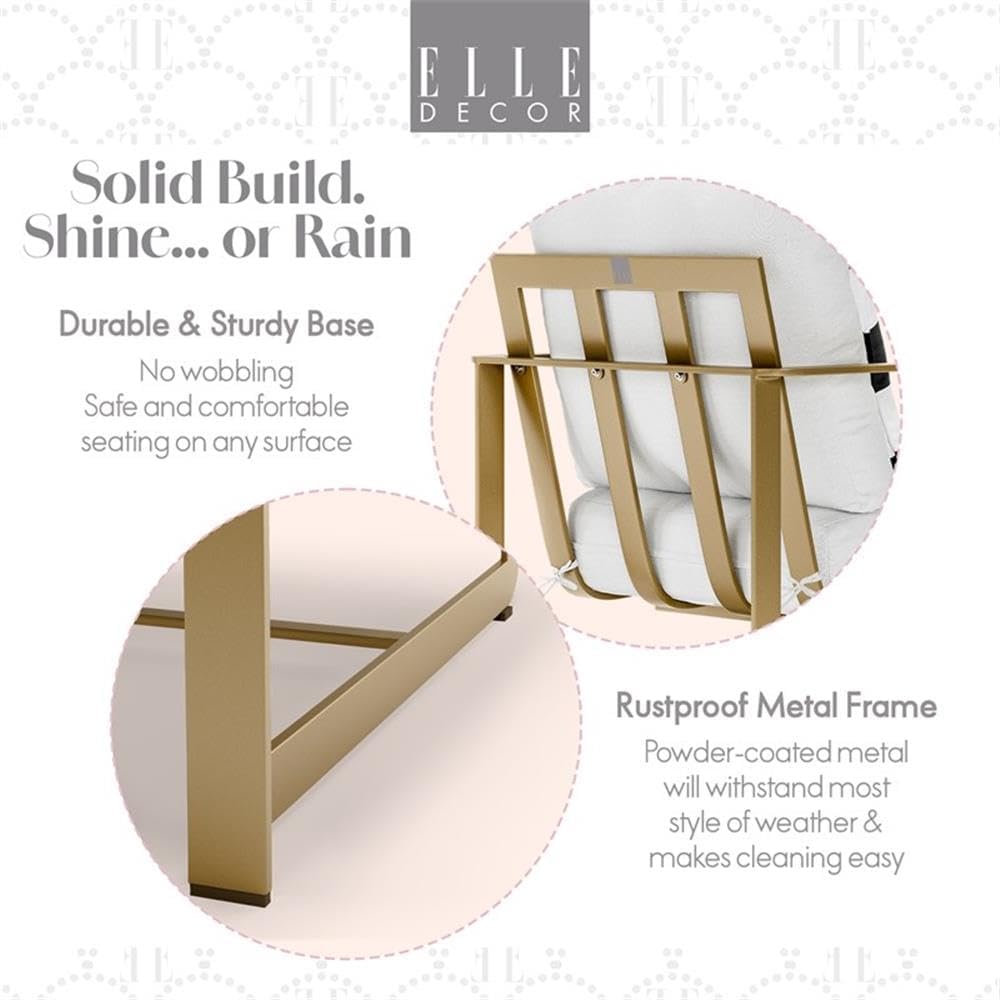 Pemberly Row Modern Outdoor Arm Chair, Sturdy Metal Frame, White and French Gold Finish, Reversible Cushions, Printed Accent Pillow, Stylish Patio Chair for Porch, Balcony, or Backyard Use