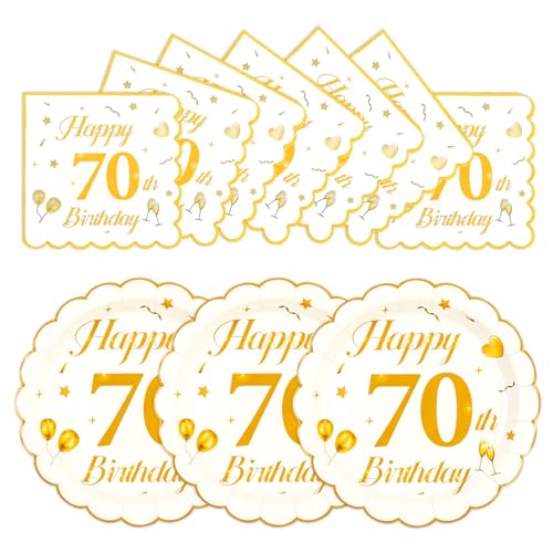 50 platos y servilletas de papel de 70 cumpleaños, 7 pulgadas festoneados y dorados, platos de pastel de postre de cumpleaños para fiesta y cóctel, para hombres y mujeres, decoración de aniversario de