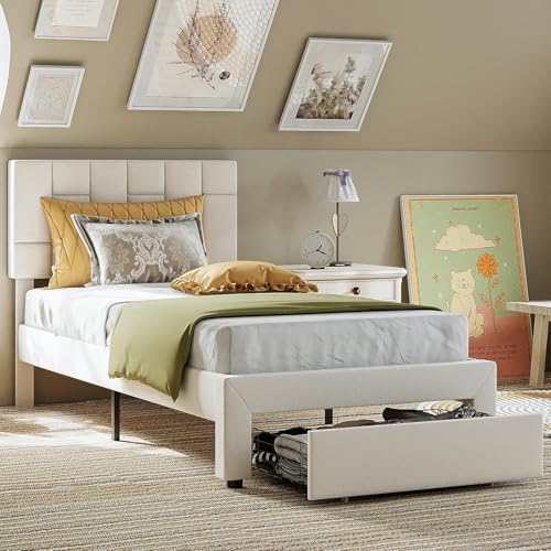 El Mejor Listado de Base para Cama Individual Con Cajones - los más vendidos. 42 LIKIMIO - Marco de Cama Individual con cajón Debajo de la Cama, Marco de Cama tapizado de Terciopelo con cabecero, no Necesita somier, sin Ruido, Beige