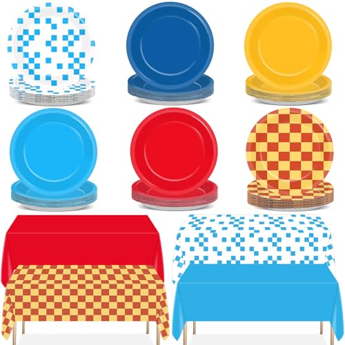 52Pcs Blue Hedgehog Birthday Party Decorations Cartoon Hedgehog Paper Plates Rectangle Plastic Tablecloth Video Game Disposable Tableware for Boys Girls Kids Birthday Baby Shower Gamer Party Supplies