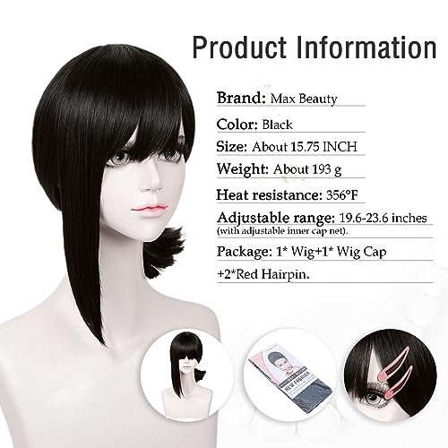 Image of LABEAUTE Short Black Wig + Hairpin for Women Girls Cosplay Wig with Ponytails for Halloween Party + Cap