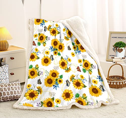 Sunflower Sherpa Throw Blanket - Soft Warm Dual-Sided Milk Fleece Floral Blanket for Couch Sofa Bed - Yellow Farmhouse Home Decor Cozy Gifts for Women Mom Grandma 50 x 60