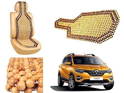 Image of Car Bead Seat Wooden Beads Cushion Cover Pad for Renault Triber, Acupressure Sitting Seat Cover | Cream Color - Pack of 1