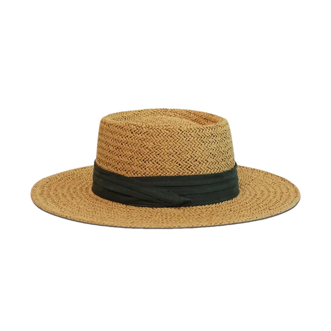 EYRMQWJPC Wide Brim Sun Hat, Women's Straw Summer Sunshade Hat Beach Woven French Style Flat Top Outdoor Multicolor(Khaki Black Belt)