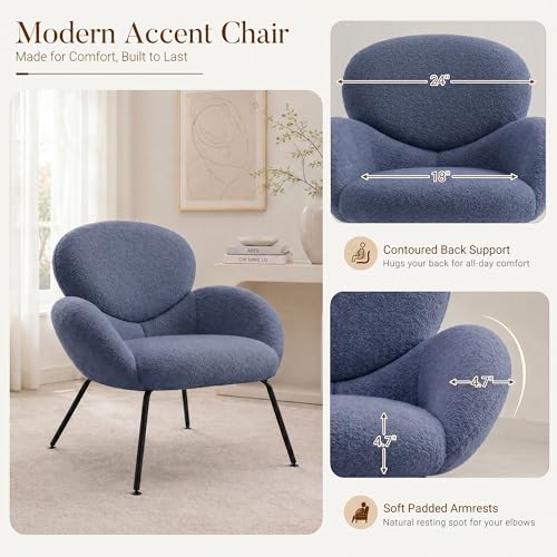 Image of Boucle Accent Chair with Cloud Backrest for Small Space, Blue | Small Reading Chair with Soft Textured Boucle Fabric, Modern Style, Comfy Cloud Backrest for Living Room, Bedroom, Cafe
