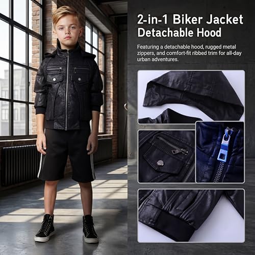 Image of Kids Faux Leather Biker Jacket with Detachable Hood - Moto Coat for School, Zipper Closure, for Boys & Girls 4-12Y