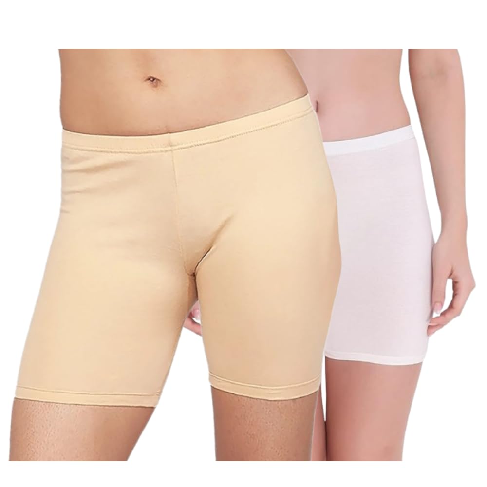 Women's Cotton Blend Boy Short Panties/Anti-Chafing Shorts (Pack of 2 - Beige & White)-image-2