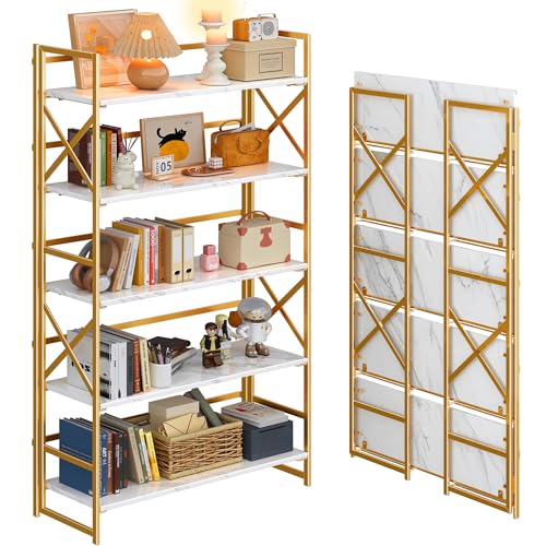 4NM Extra Wide 5 Tiers No Assembly Book Shelves, 51.2' H Folding Bookshelf Bookcase Open Industrial Foldable Shelves for