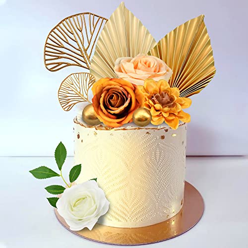 10Pcs Boho Cake Topper Flower Cake Topper Gold Palm Leaves Cake Decorations With Artificial Cotton Rose Ginkgo Leaves And Balls For Birthday Party Wedding Baby Shower Boho Themed Party Supplies #TOP4