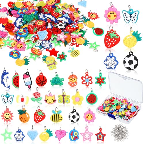 Hungdao 200 Pcs Rubber Loom Band Charm Only Silicone Rainbow Bracelet Charms Soccer Keychain Bracelet Pendant Summer Rubber Accessories Colorful Jewelry Making Kit with 200 Opening Rings
