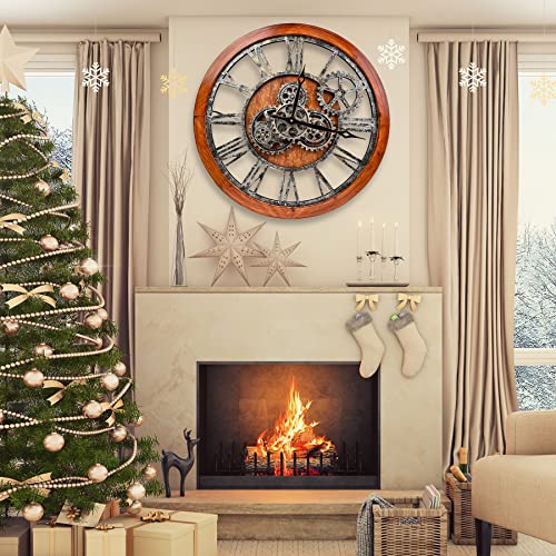 The B-Style Large Wall Clock 24 Inch Moving Gear Wall Clock Oversized Vintage Farmhouse Wall Clocks For Living Room Decor Rustic Industrial Wood Clock (Brown And Bronze) #TOP1